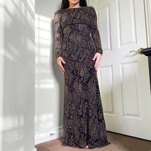 Floor length, mermaid, black and gold dress